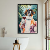 Saint Bernard Dog Holding The Cup Of Red Wine Framed Canvas Prints Wall Art, Bathroom Framed Art Decor