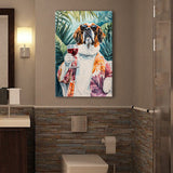 Saint Bernard Dog Holding The Cup Of Red Wine Canvas Prints Wall Art, Bathroom Art Decor,