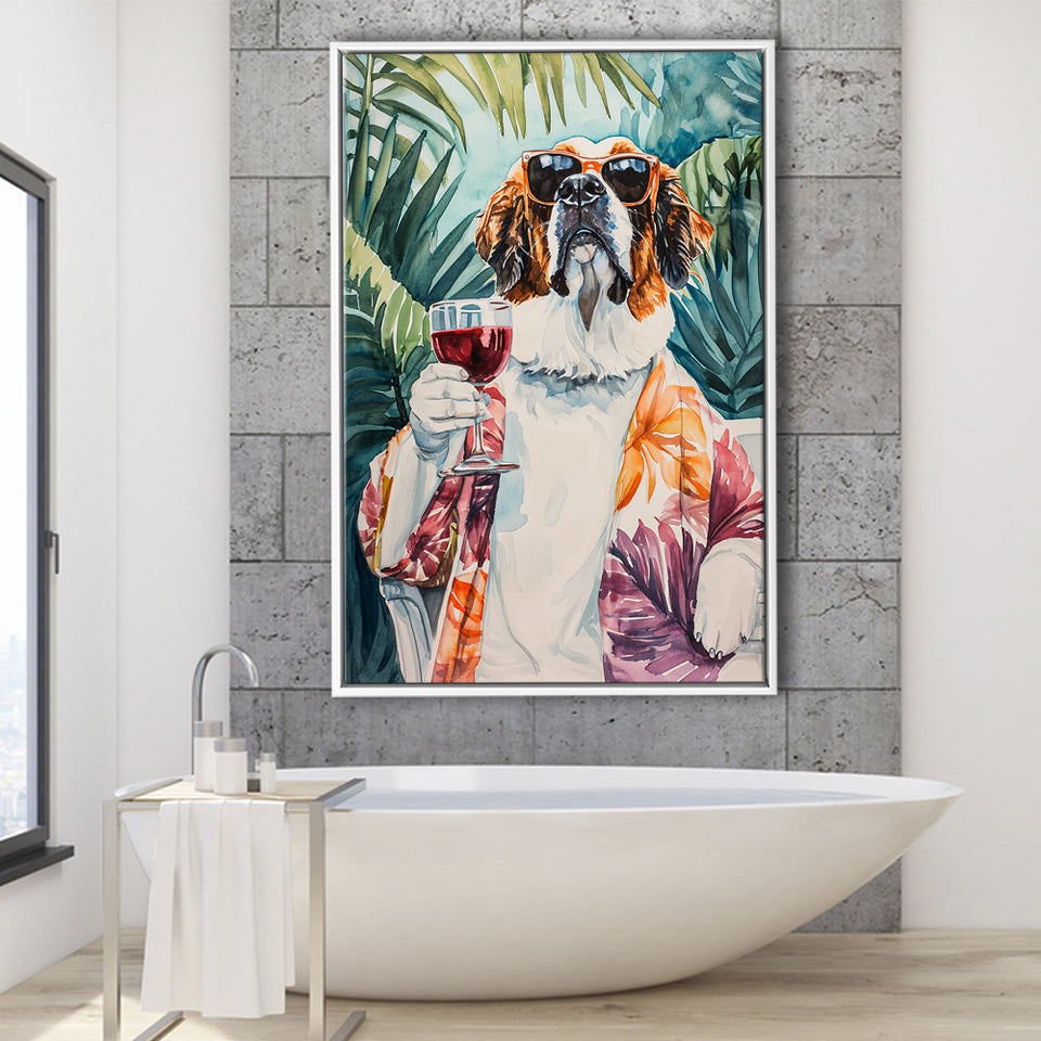 Saint Bernard Dog Holding The Cup Of Red Wine Framed Canvas Prints Wall Art, Bathroom Framed Art Decor
