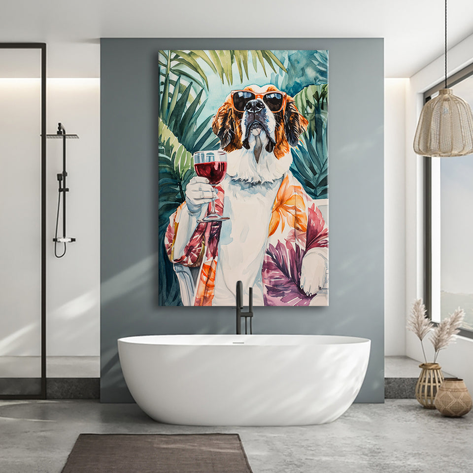 Saint Bernard Dog Holding The Cup Of Red Wine Canvas Prints Wall Art, Bathroom Art Decor,