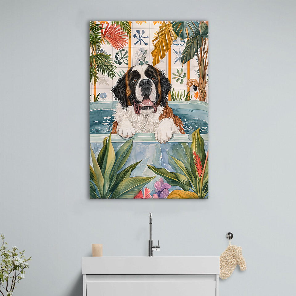 Saint Bernard Happy In Bathtub Bathroom Decor Print Canvas Prints Wall Art, Bathroom Art Decor,