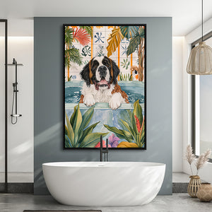Saint Bernard Happy In Bathtub Bathroom Decor Print Framed Canvas Prints Wall Art, Bathroom Framed Art Decor
