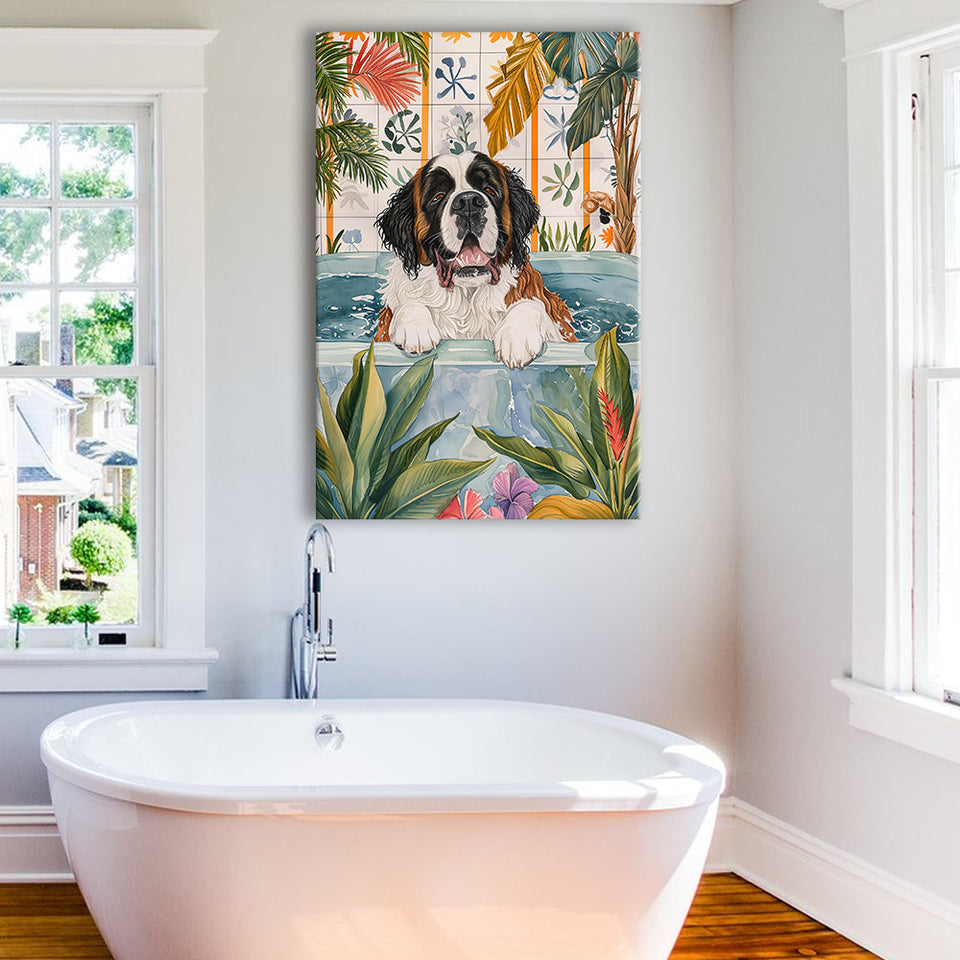 Saint Bernard Happy In Bathtub Bathroom Decor Print Canvas Prints Wall Art, Bathroom Art Decor,