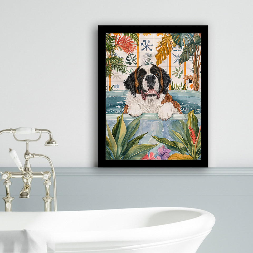 Saint Bernard Happy In Bathtub Bathroom Decor Print Framed Art Print Wall Decor, Bathroom Framed Art Decor