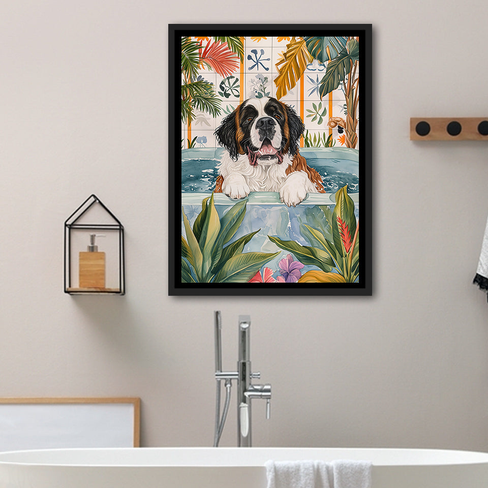 Saint Bernard Happy In Bathtub Bathroom Decor Print Framed Canvas Prints Wall Art, Bathroom Framed Art Decor