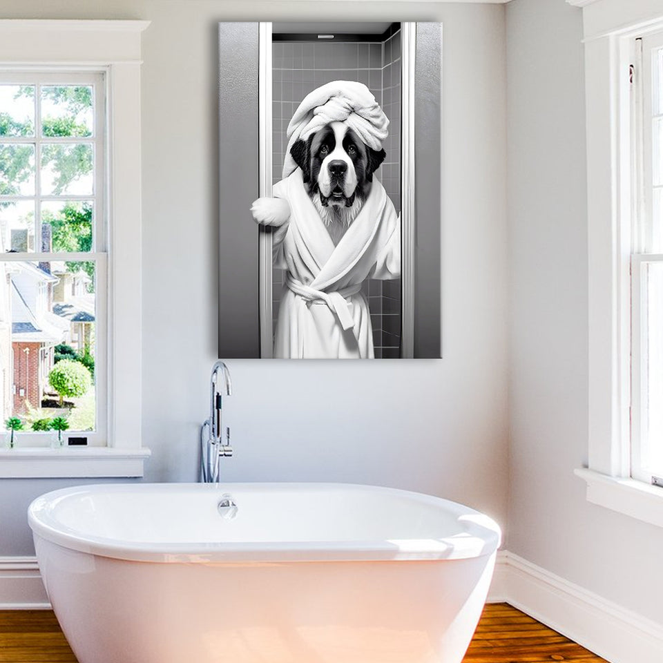 Saint Bernard Canvas Prints Wall Art, Funny Bathroom Decor, Animal in toilet