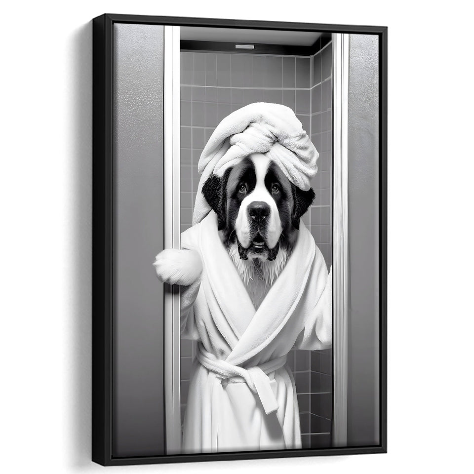 Saint Bernard Framed Canvas Prints Wall Art, Funny Bathroom Decor, Animal In Toilet