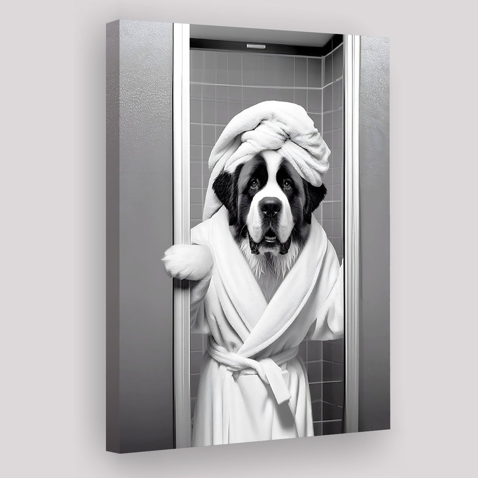 Saint Bernard Canvas Prints Wall Art, Funny Bathroom Decor, Animal in toilet
