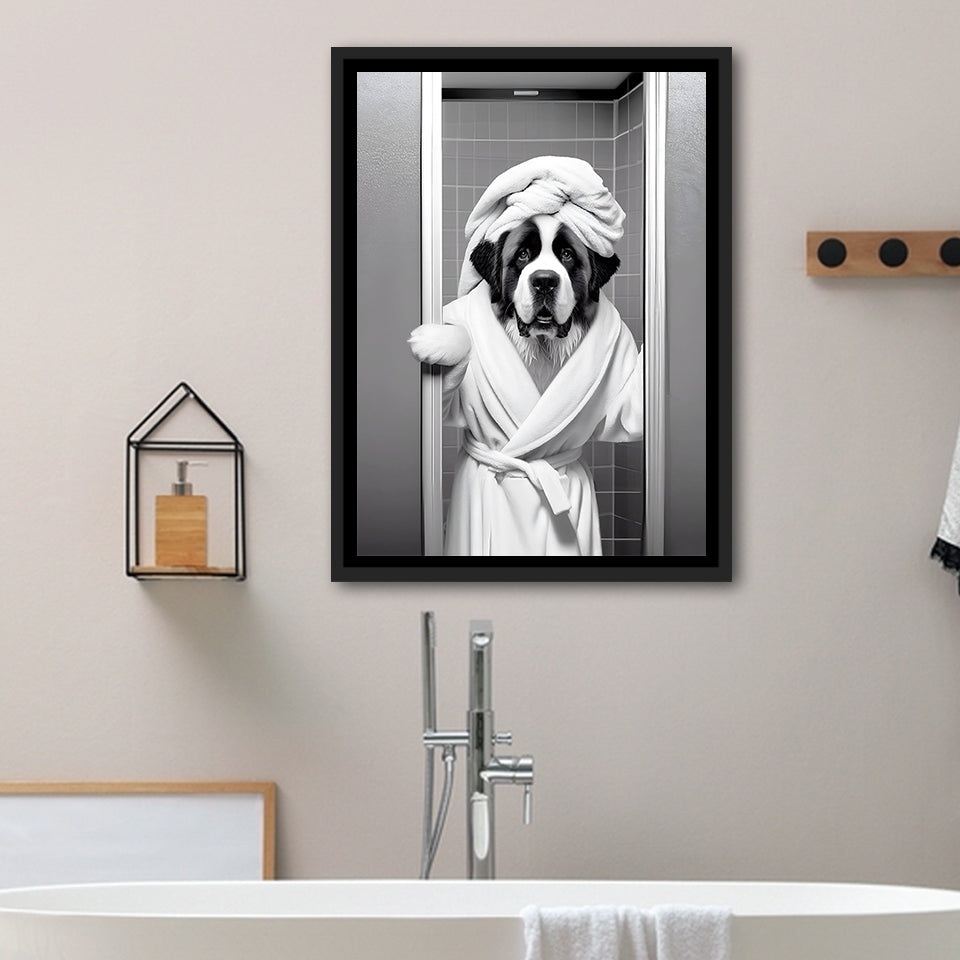 Saint Bernard Framed Canvas Prints Wall Art, Funny Bathroom Decor, Animal In Toilet