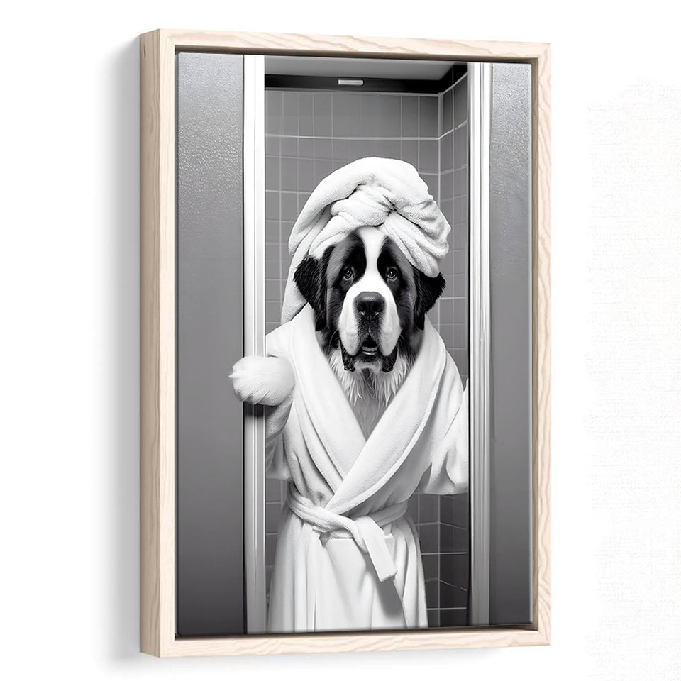 Saint Bernard Framed Canvas Prints Wall Art, Funny Bathroom Decor, Animal In Toilet