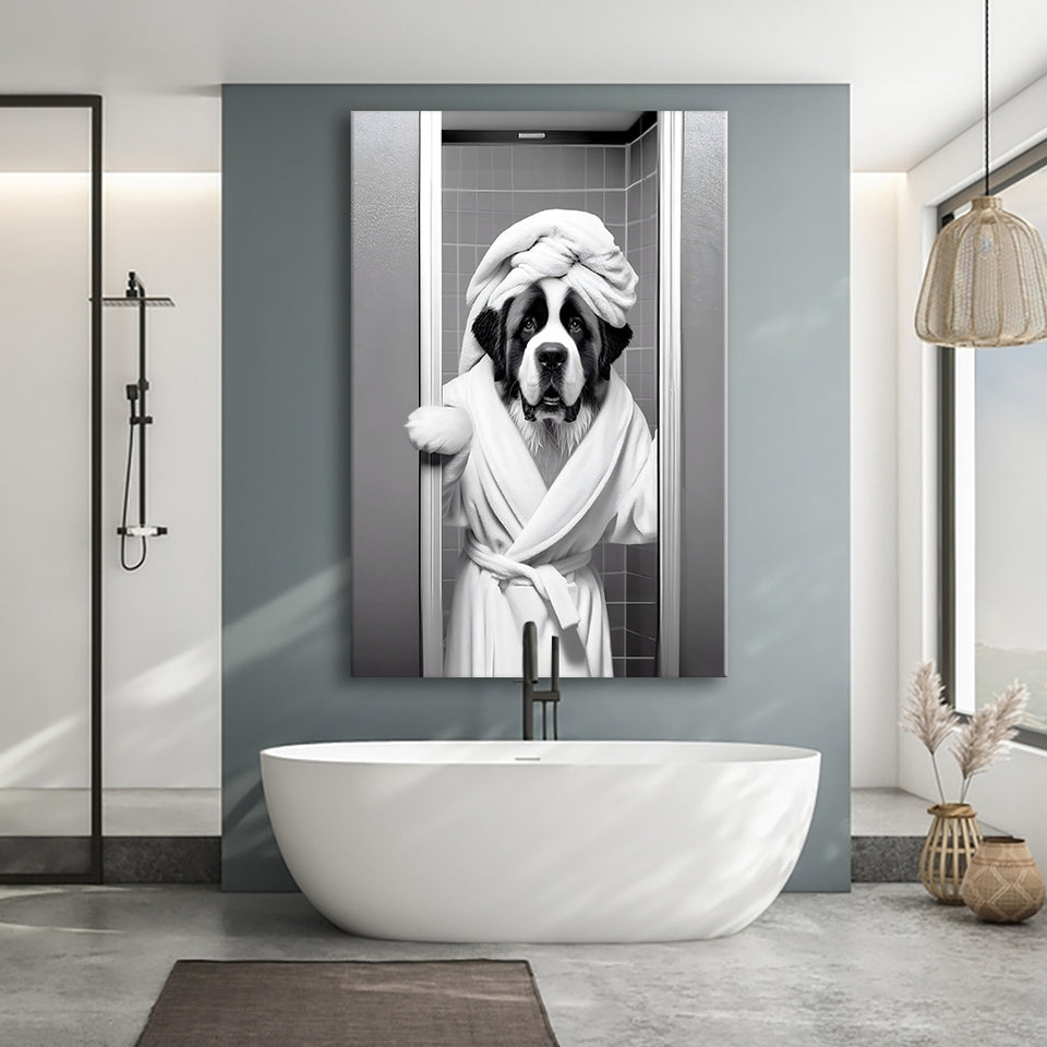 Saint Bernard Canvas Prints Wall Art, Funny Bathroom Decor, Animal in toilet