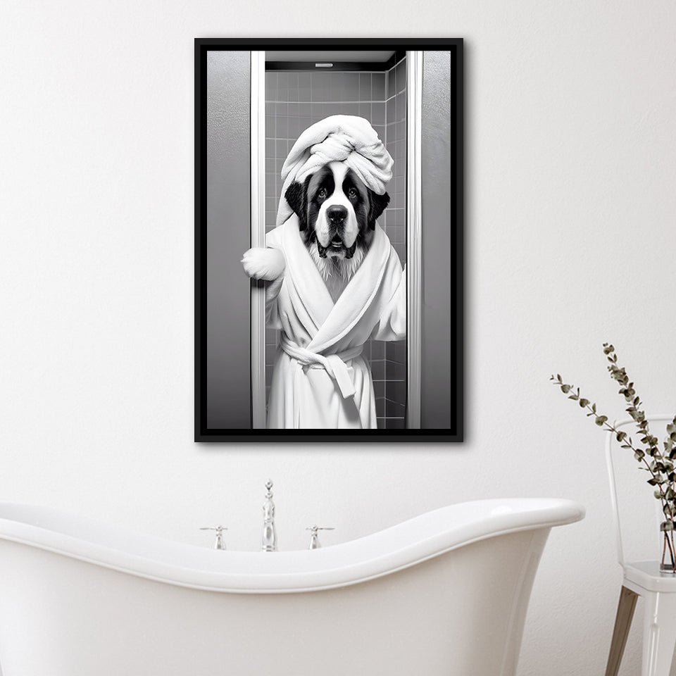 Saint Bernard Framed Canvas Prints Wall Art, Funny Bathroom Decor, Animal In Toilet