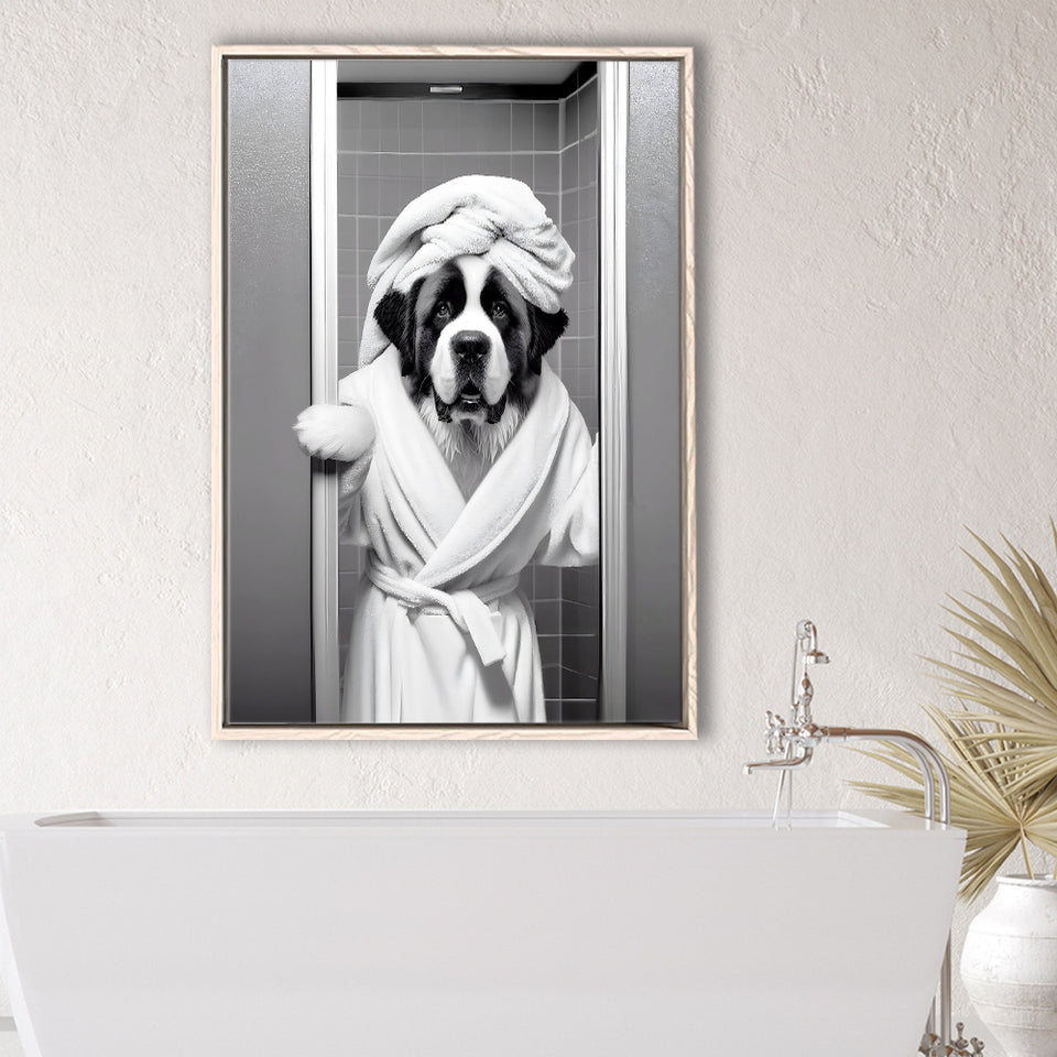 Saint Bernard Framed Canvas Prints Wall Art, Funny Bathroom Decor, Animal In Toilet