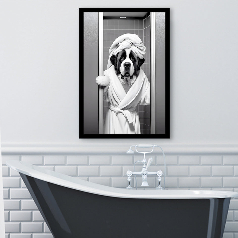 Saint Bernard Framed Art Print Wall Decor, Funny Bathroom Decor, Animal In Toilet