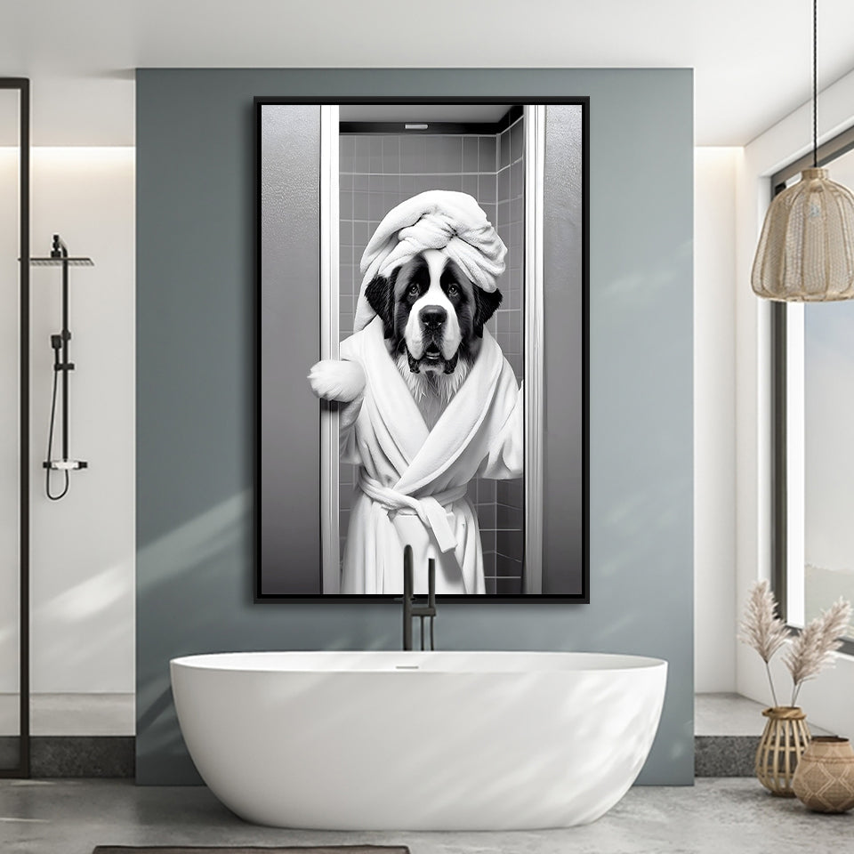 Saint Bernard Framed Canvas Prints Wall Art, Funny Bathroom Decor, Animal In Toilet