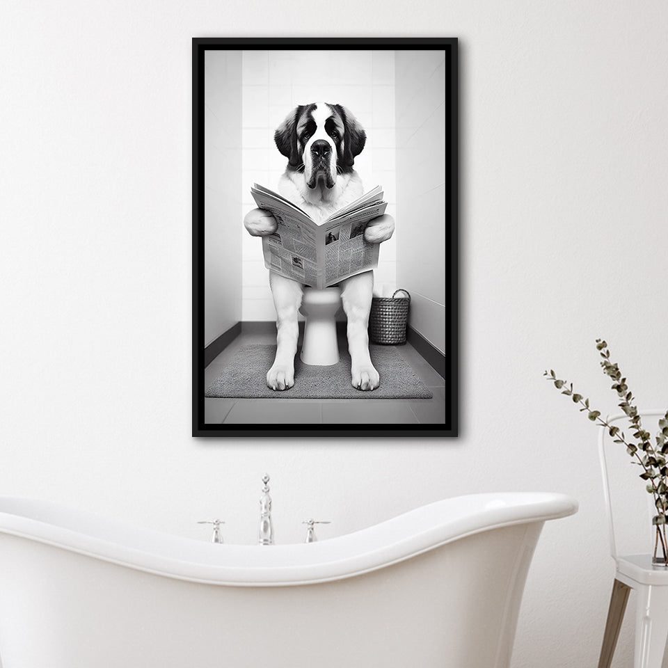 Saint Bernard Framed Canvas Prints Wall Art, Funny Bathroom Decor, Saint Bernard In Toilet