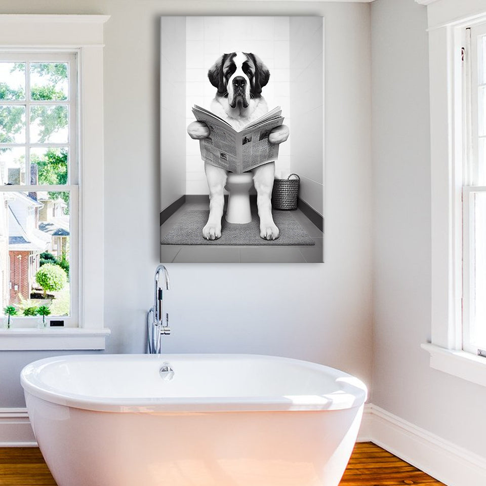 Saint Bernard Canvas Prints Wall Art, Funny Bathroom Decor, Saint Bernard in Toilet