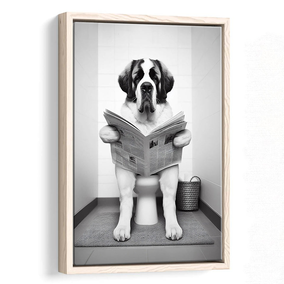 Saint Bernard Framed Canvas Prints Wall Art, Funny Bathroom Decor, Saint Bernard In Toilet