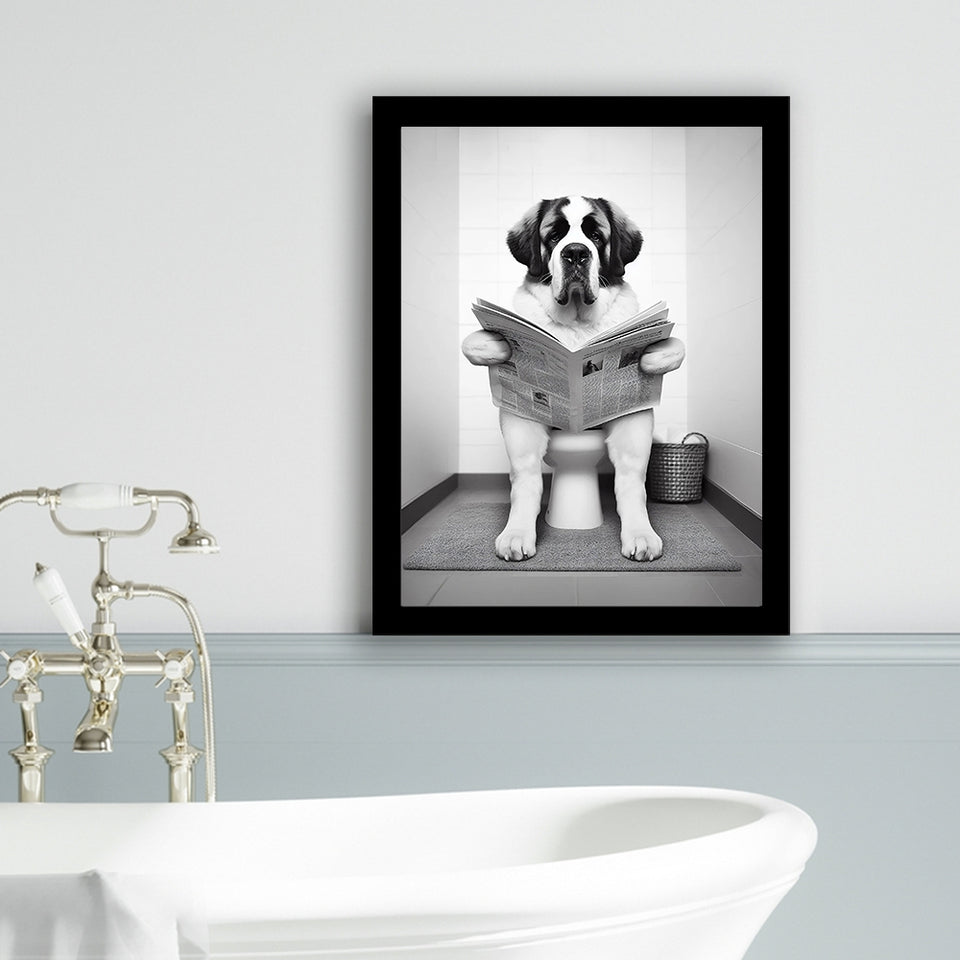 Saint Bernard Framed Art Print Wall Decor, Funny Bathroom Decor, Saint Bernard In Toilet