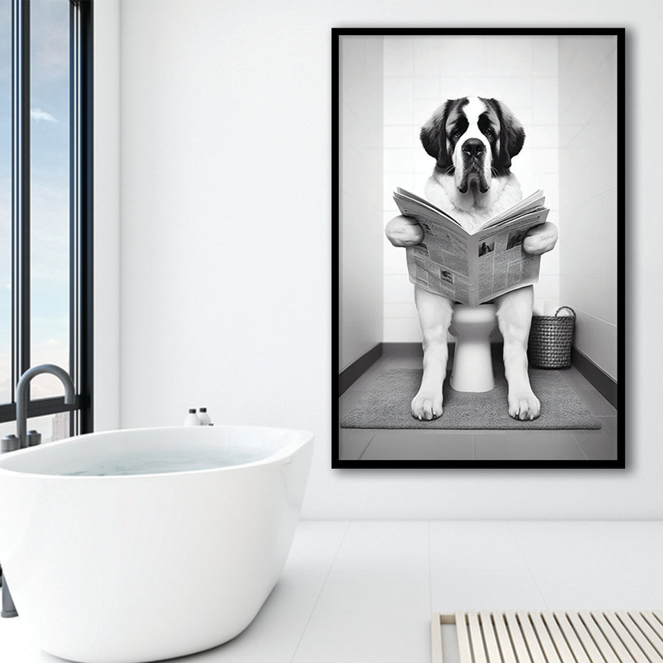 Saint Bernard Framed Art Print Wall Decor, Funny Bathroom Decor, Saint Bernard In Toilet
