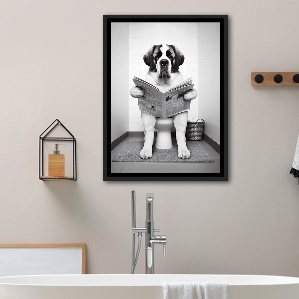 Saint Bernard Framed Canvas Prints Wall Art, Funny Bathroom Decor, Saint Bernard In Toilet
