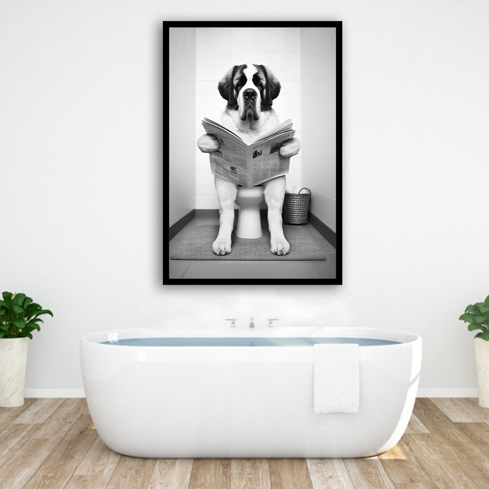 Saint Bernard Framed Art Print Wall Decor, Funny Bathroom Decor, Saint Bernard In Toilet