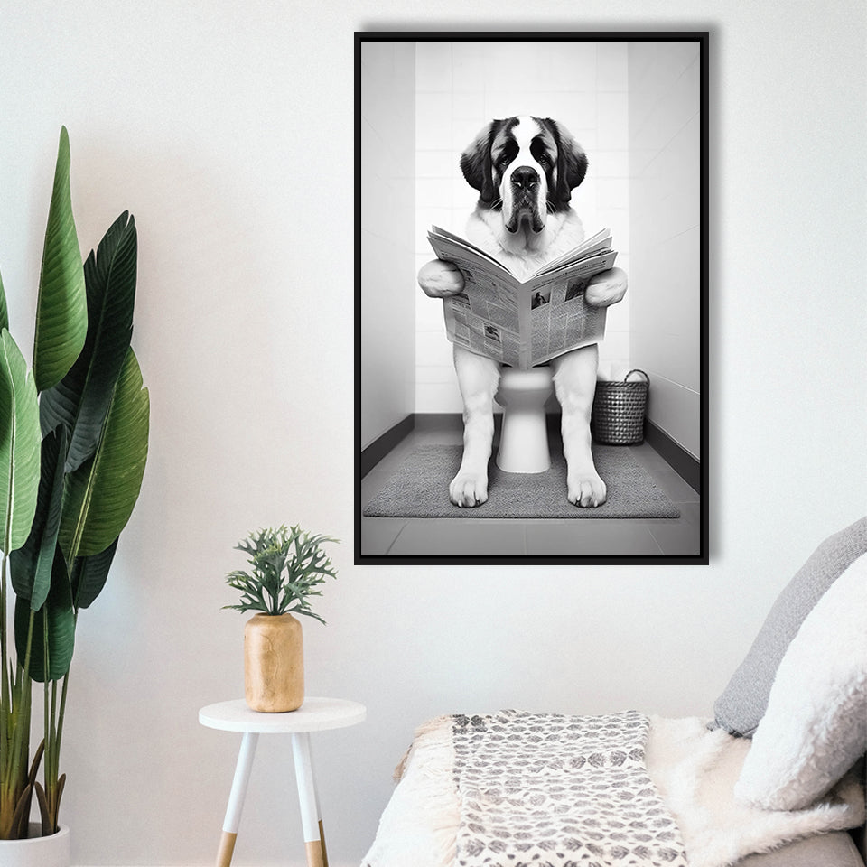 Saint Bernard Framed Canvas Prints Wall Art, Funny Bathroom Decor, Saint Bernard In Toilet