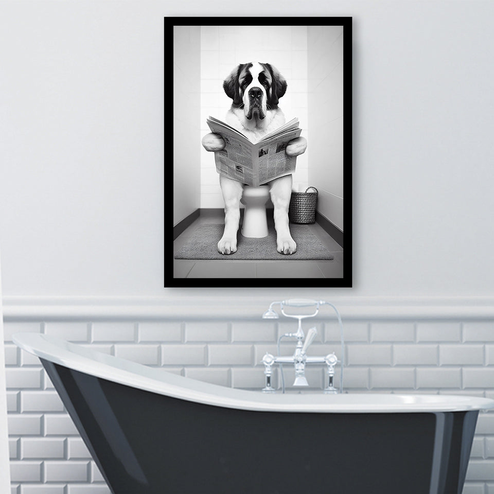 Saint Bernard Framed Art Print Wall Decor, Funny Bathroom Decor, Saint Bernard In Toilet