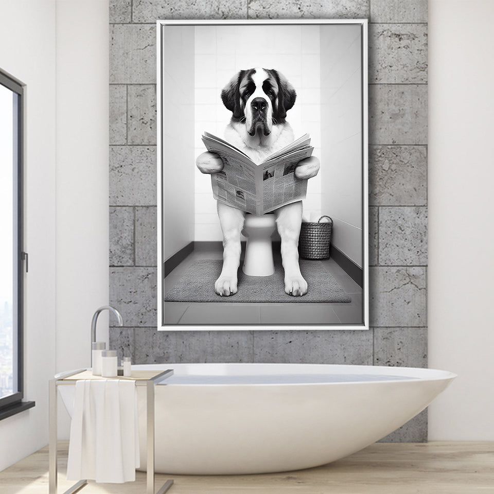 Saint Bernard Framed Canvas Prints Wall Art, Funny Bathroom Decor, Saint Bernard In Toilet