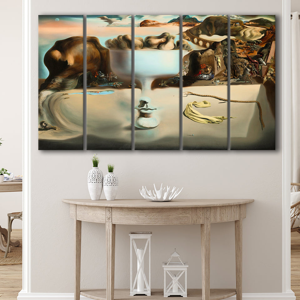 Salvador Dali Apparition Of Face And Fruit Dish On A Beach, Extra Large Multi 5 Panel Canvas Print Wall Art Decor