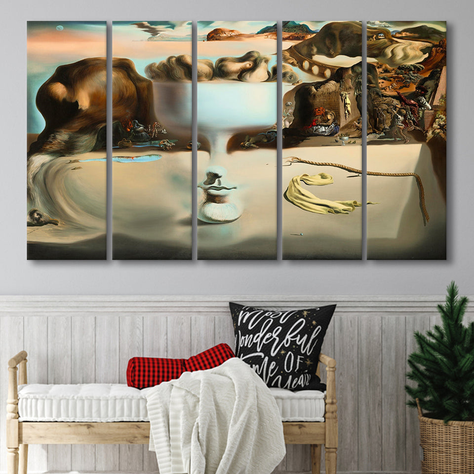 Salvador Dali Apparition Of Face And Fruit Dish On A Beach, Extra Large Multi 5 Panel Canvas Print Wall Art Decor