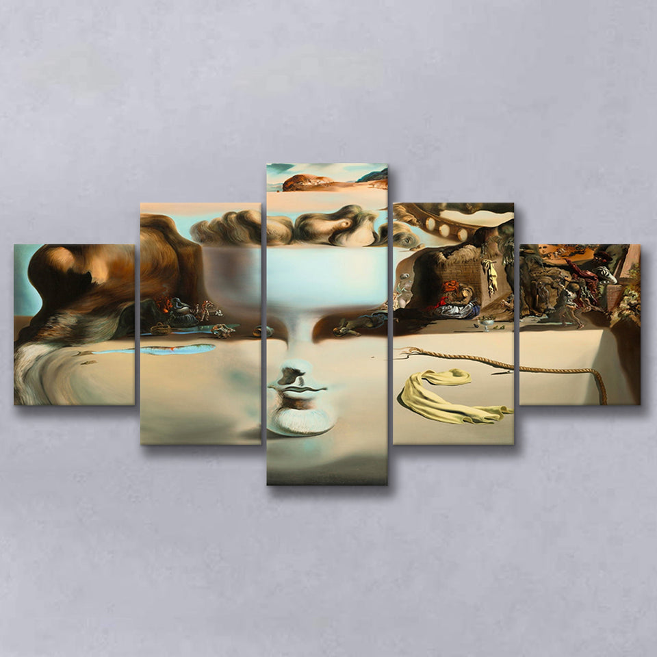 Salvador Dali Apparition Of Face And Fruit Dish On A Beach, Multi Panel Canvas Print Wall Art Decor, 5 Mixed Panel