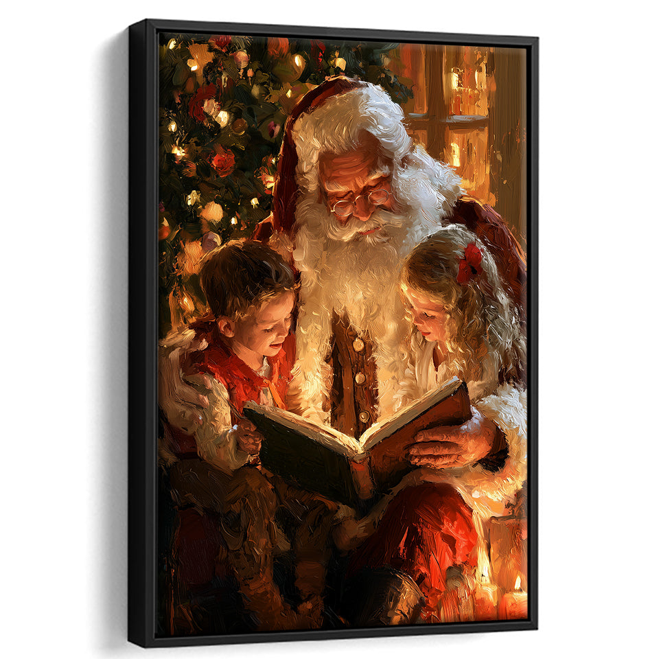 Santa Reading Book, Xmas Painting Art, Christmas Holiday Painting Art, Framed Canvas Print, Floating Frame