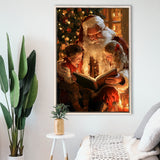 Santa Reading Book, Xmas Painting Art, Christmas Holiday Painting Art, Framed Canvas Print, Floating Frame