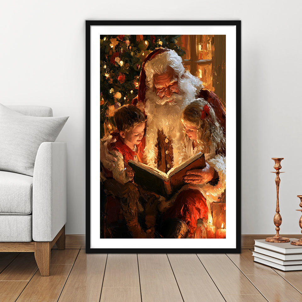 Santa Reading Book, Xmas Painting Art, Christmas Holiday Painting Art, Framed Art Print White Border