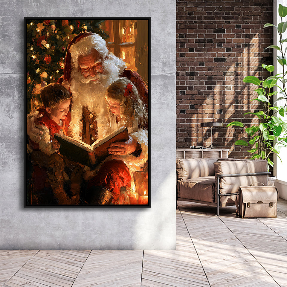 Santa Reading Book, Xmas Painting Art, Christmas Holiday Painting Art, Framed Canvas Print, Floating Frame