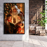 Santa Reading Book, Xmas Painting Art, Christmas Holiday Painting Art, Framed Canvas Print, Floating Frame