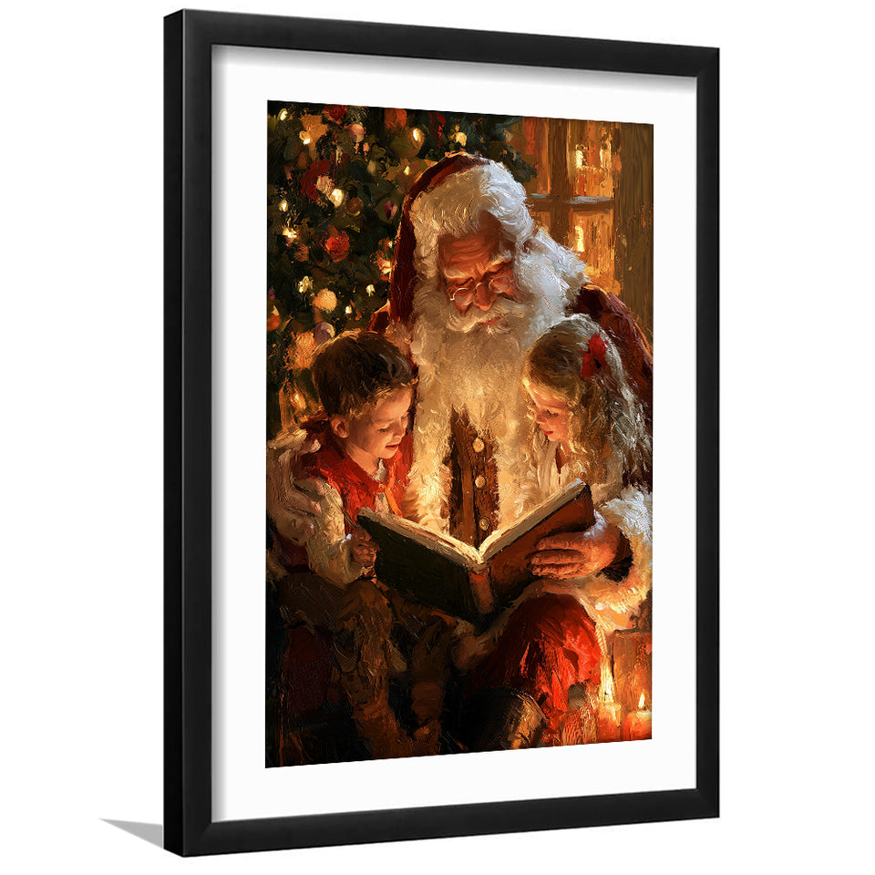 Santa Reading Book, Xmas Painting Art, Christmas Holiday Painting Art, Framed Art Print White Border