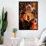 Santa Reading Book, Xmas Painting Art, Christmas Holiday Painting Art, Framed Canvas Print, Floating Frame