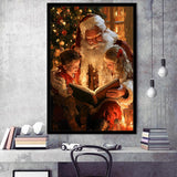 Santa Reading Book, Xmas Painting Art, Christmas Holiday Painting Art, Framed Art Print, Fine Art Wall Decor