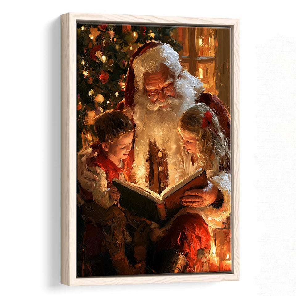 Santa Reading Book, Xmas Painting Art, Christmas Holiday Painting Art, Framed Canvas Print, Floating Frame
