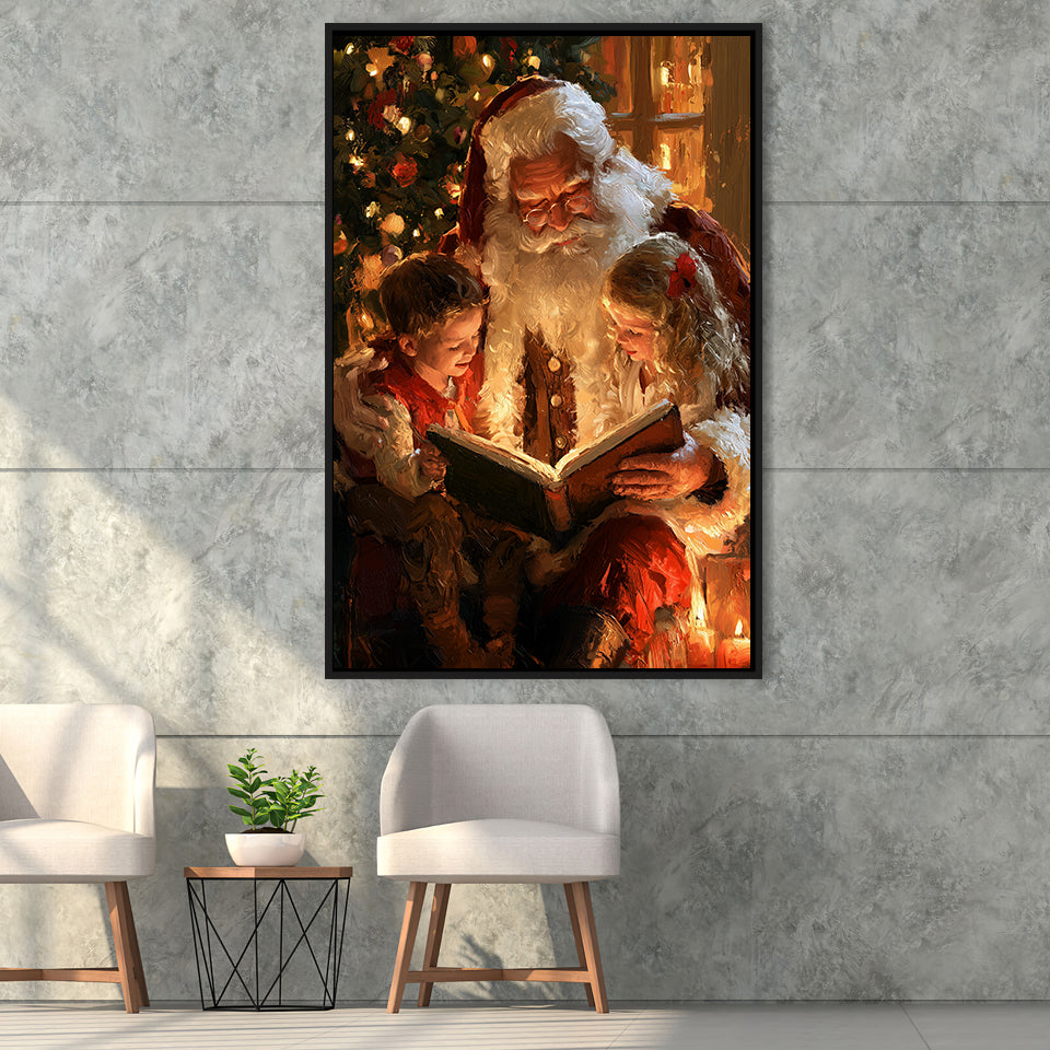 Santa Reading Book, Xmas Painting Art, Christmas Holiday Painting Art, Framed Canvas Print, Floating Frame