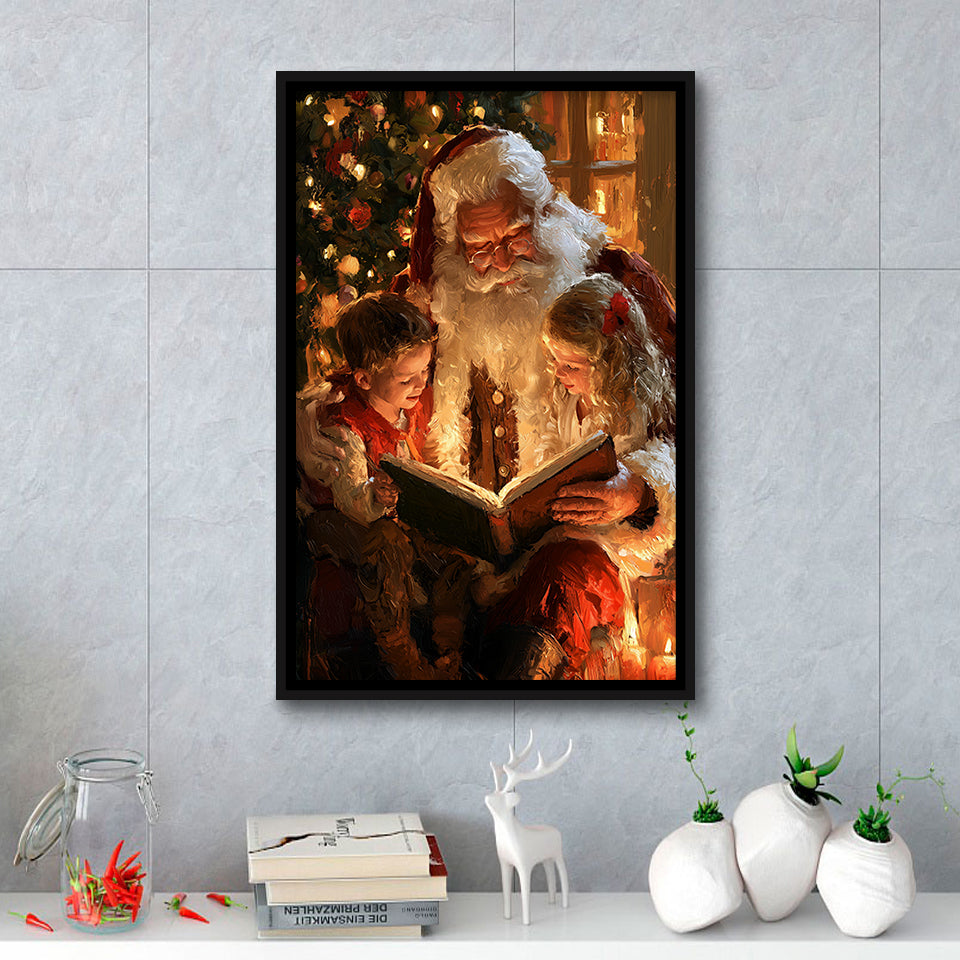 Santa Reading Book, Xmas Painting Art, Christmas Holiday Painting Art, Framed Canvas Print, Floating Frame