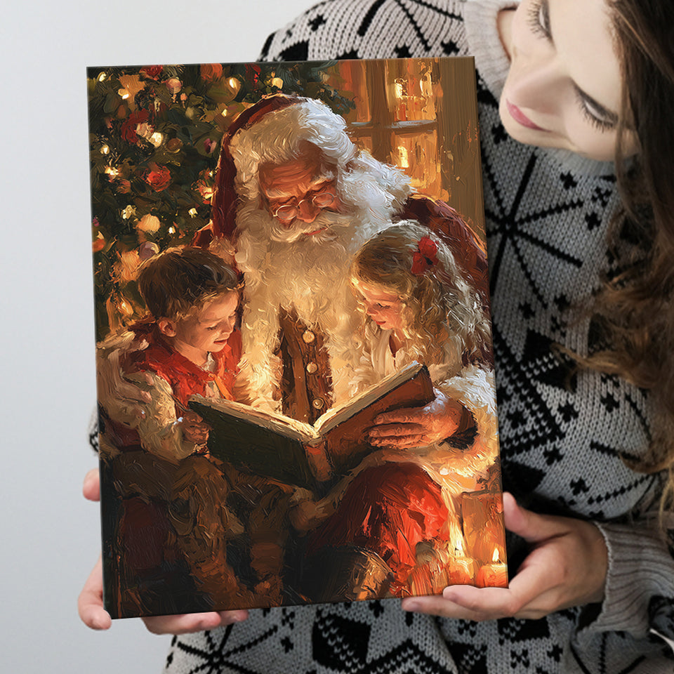 Santa Reading Book, Xmas Painting Art, Christmas Holiday Painting Art, Canvas Print Wall Art, Wall Decor