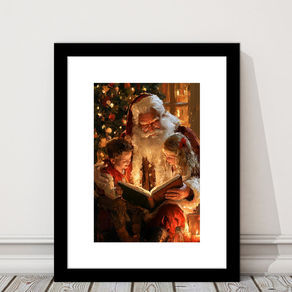 Santa Reading Book, Xmas Painting Art, Christmas Holiday Painting Art, Framed Art Print White Border