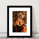 Santa Reading Book, Xmas Painting Art, Christmas Holiday Painting Art, Framed Art Print White Border