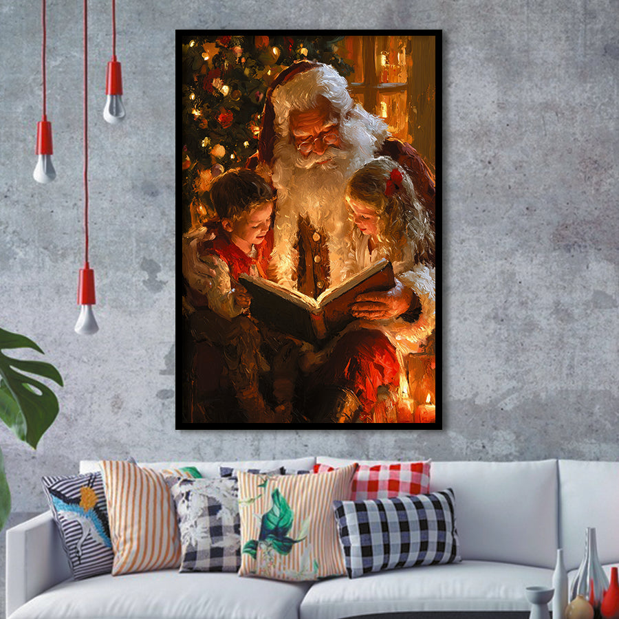 Santa Reading Book, Xmas Painting Art, Christmas Holiday Painting Art, Framed Art Print, Fine Art Wall Decor