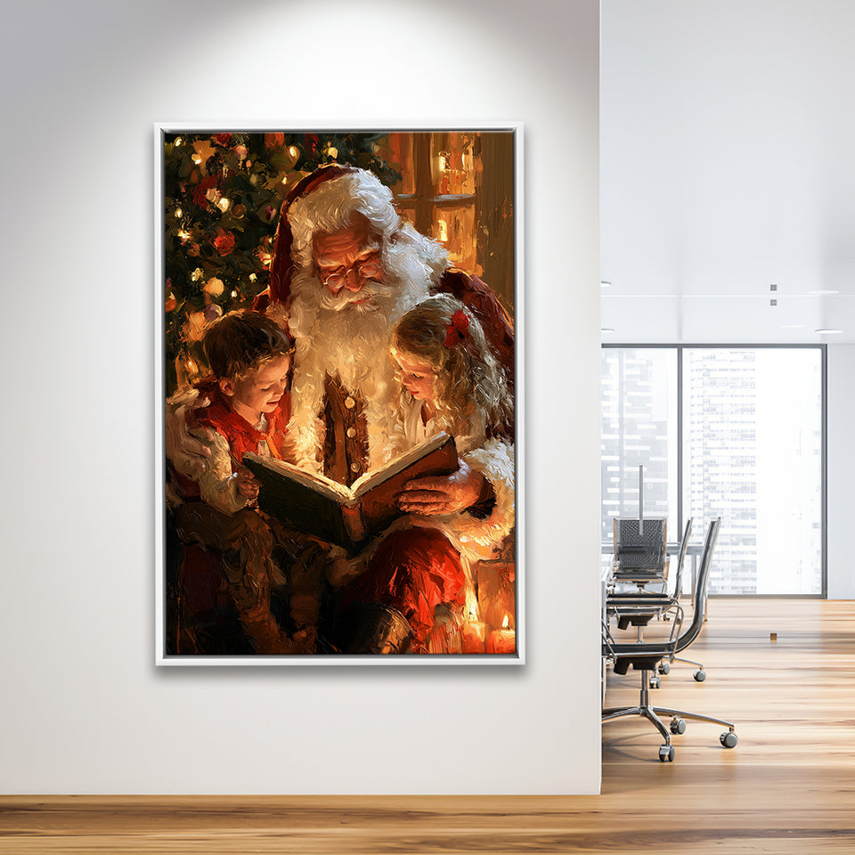 Santa Reading Book, Xmas Painting Art, Christmas Holiday Painting Art, Framed Canvas Print, Floating Frame
