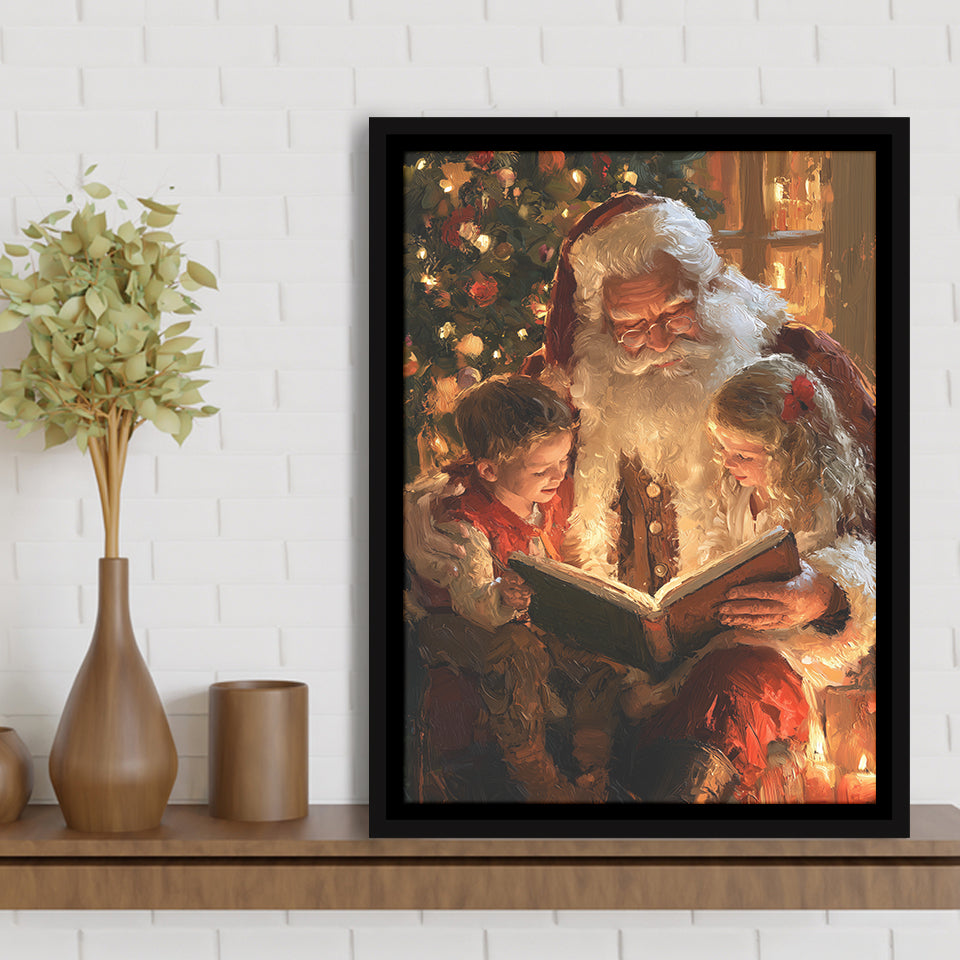 Santa Reading Book, Xmas Painting Art, Christmas Holiday Painting Art, Framed Canvas Print, Floating Frame