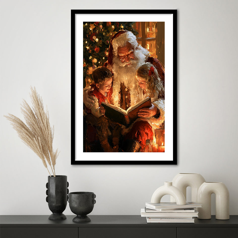 Santa Reading Book, Xmas Painting Art, Christmas Holiday Painting Art, Framed Art Print White Border